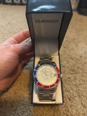 Embassy Men's Silver Automatic Watch with Blue & Red Bezel